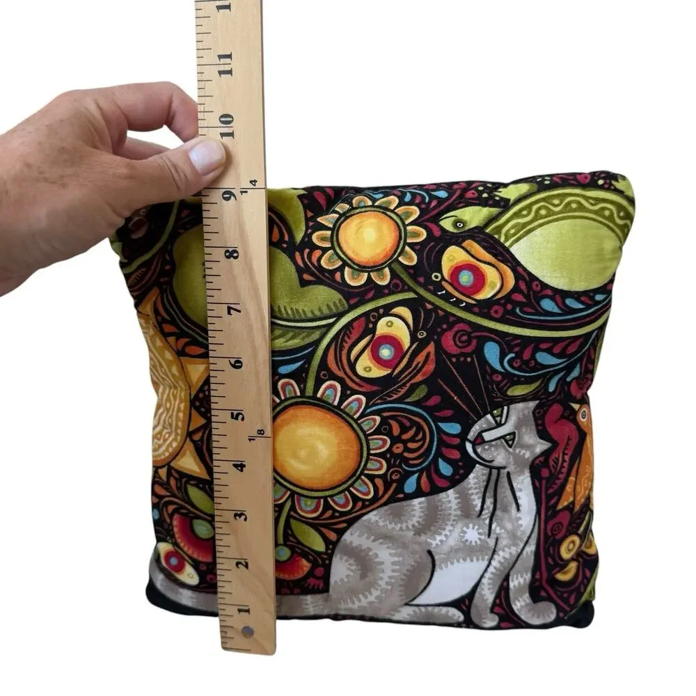 Folk Art Quilted Cat Bird Pillows Set Of 2 Black Multicolored 9” Square